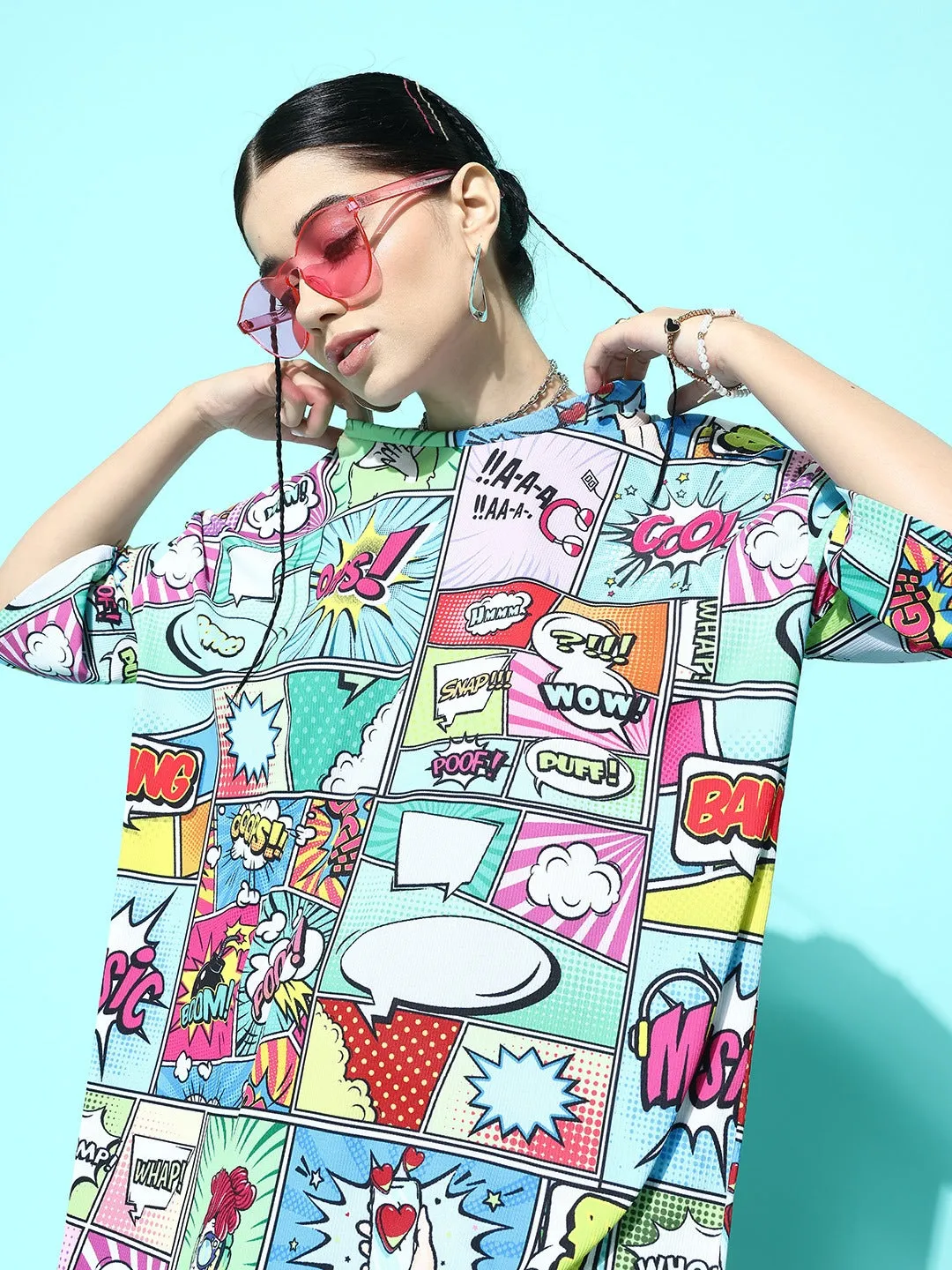 Berrylush Women Multicolour Graphic Printed Round Neck Drop-Shoulder Sleeves Knitted Regular T-Shirt