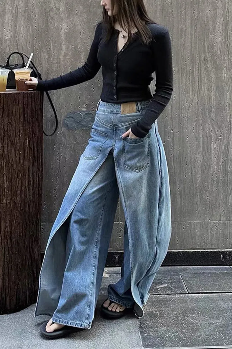 PK631 Vintage Wash Reversible Denim Wide-Leg Pants