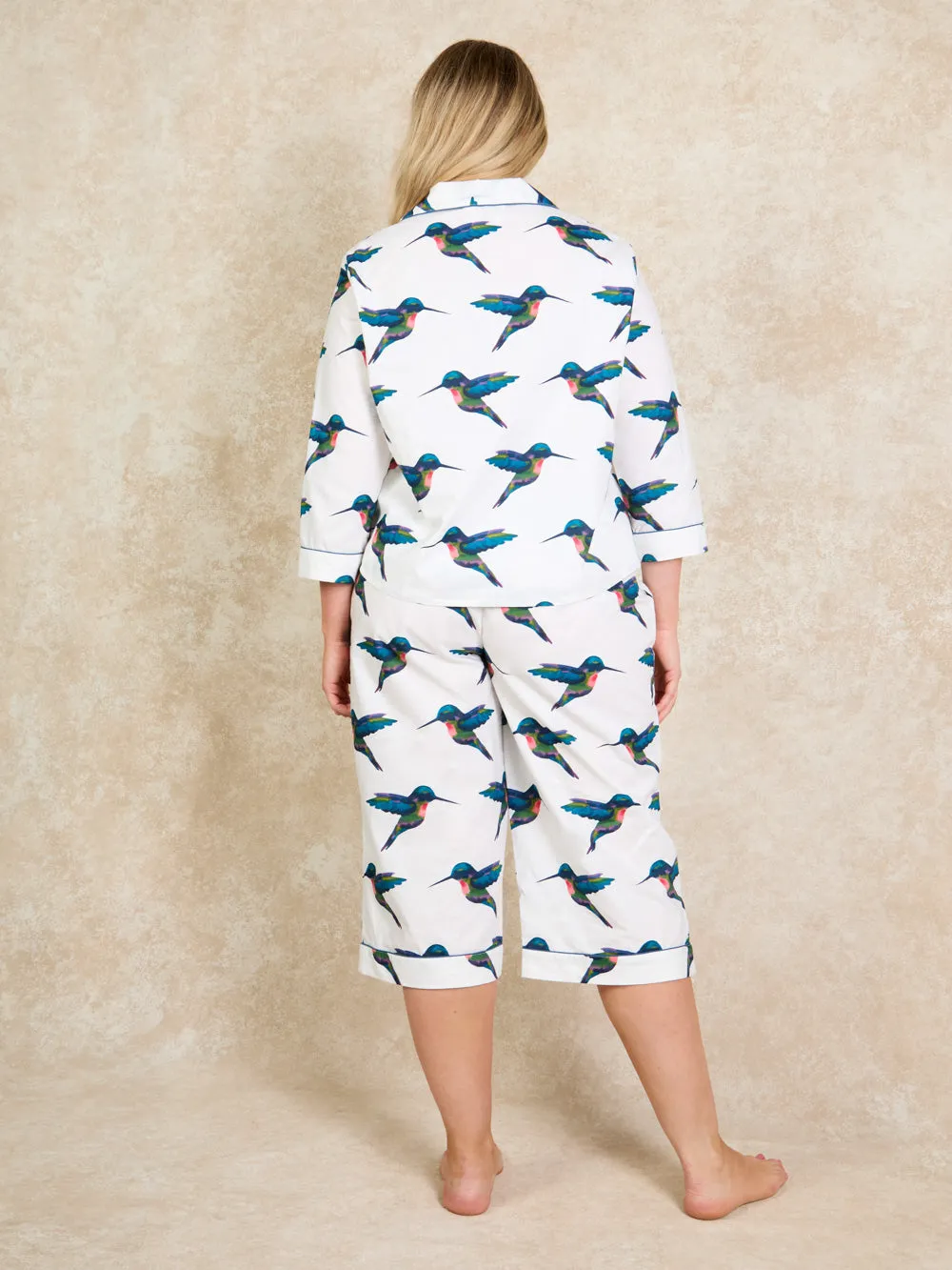Womens Cotton Long Sleeve Capri Pyjamas White Hummingbird Print